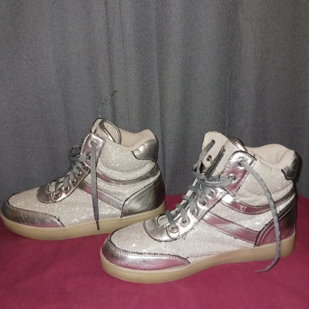 Bebe Sport Krysten Silver Glitter High Top Sneakers Women's 7.5 Platform‎ Shoes